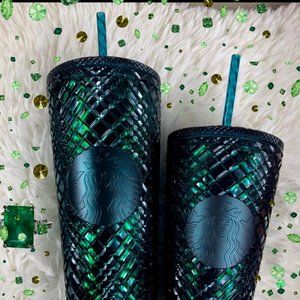 🎄NEW⭐️Starbucks Dark Green Diamond Emerald Jewel Bling Tumbler Set